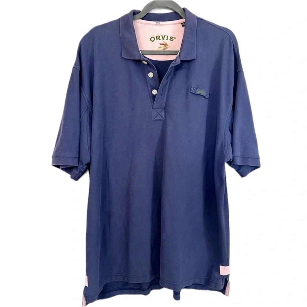 Orvis 100% Cotton Purple/ Navy 3 Button Short Sleeve Polo Sz XL GUC